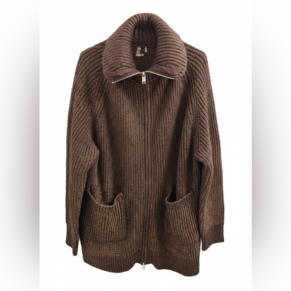 Joelle | Brown Bronze Metallic Knit Full Zip-Up Cardigan Sweater with Pockets